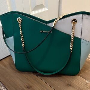 Michael Kors Kelly Green and White Tote Bag